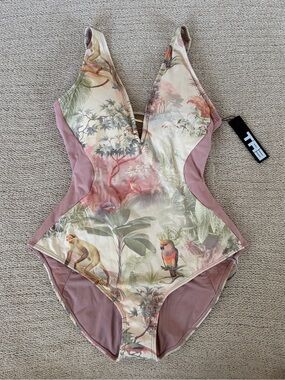 TA3 Plungey OnePiece Swimsuit laceup Shapeware birds monkeys medium short petite